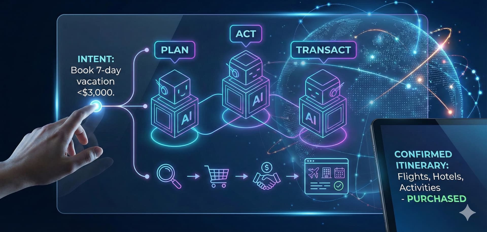 Agentic commerce flow: Intent to Plan to Act to Transact, resulting in a confirmed purchase